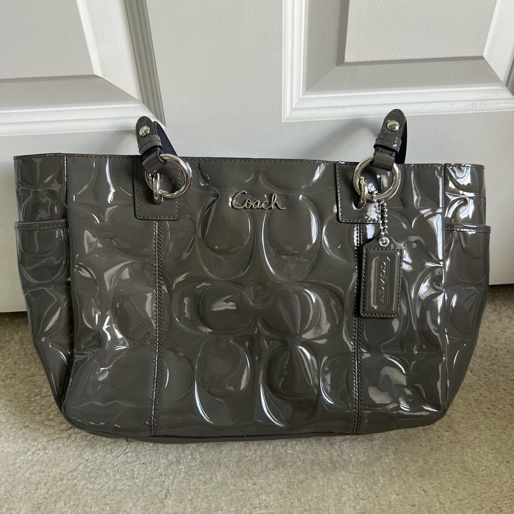 Coach Women’s shiny gray embossed logo tote shoulder bag